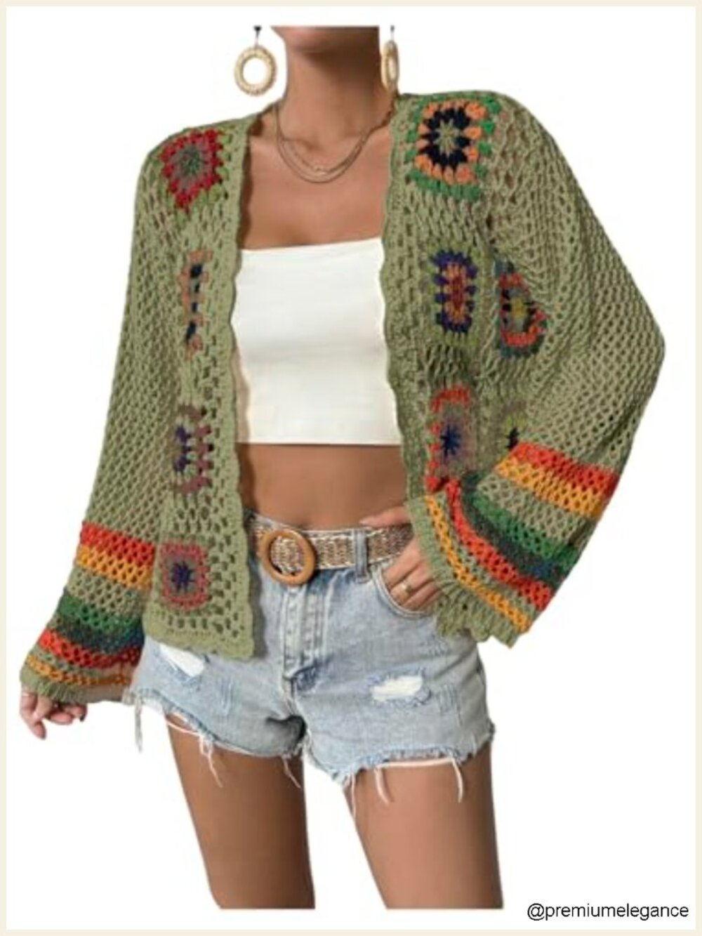 Floral Crochet Hollow Out Open Front Long Sleeve Cardigan Sweater - Picture 2 of 5